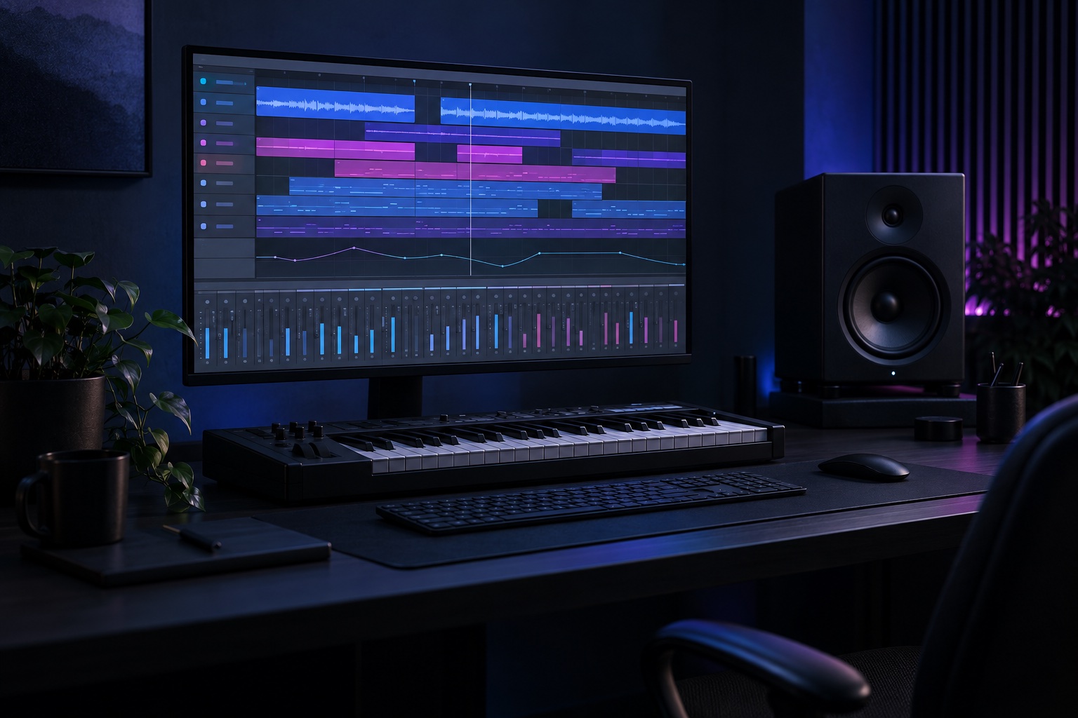 Logic Pro music production desk with a multitrack arrangement, MIDI keyboard and studio monitor