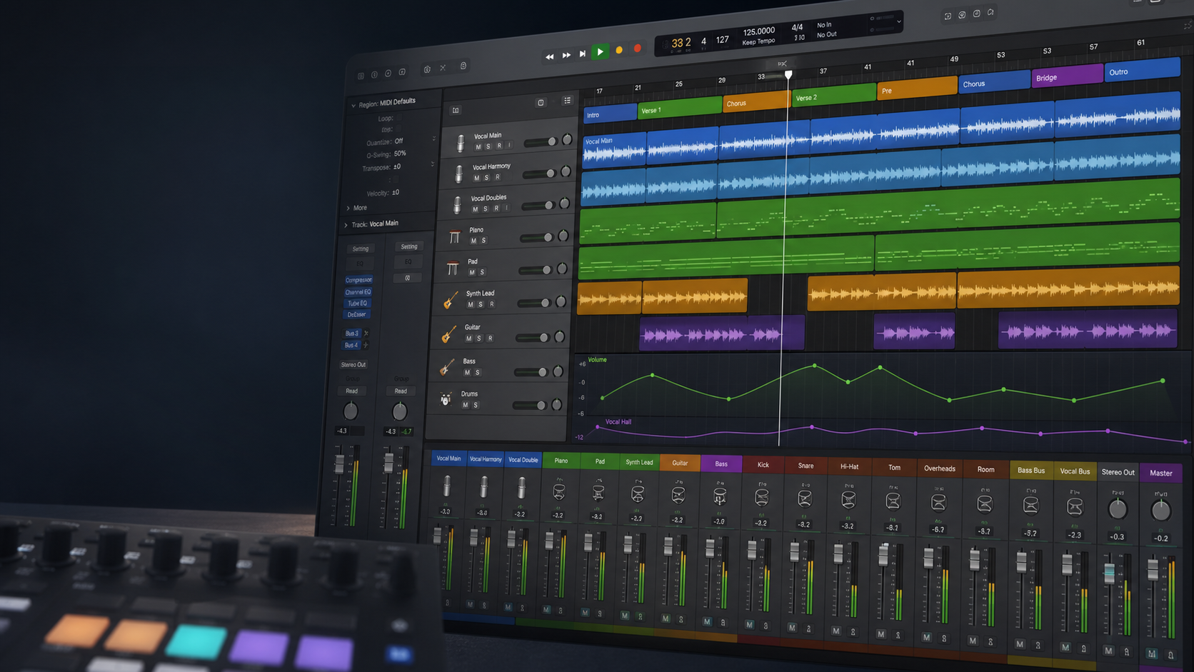Professional DAW session screen with audio regions, MIDI notes, mixer channels, and automation
